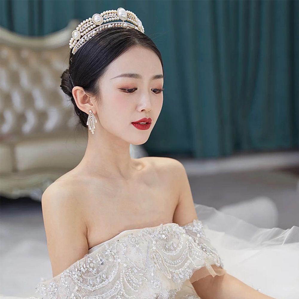 Mxbeauty Mahkota Pengantin Shinny Bulang Emas Putri Berlian Imitasi Baroque Pearl Hair Hoop