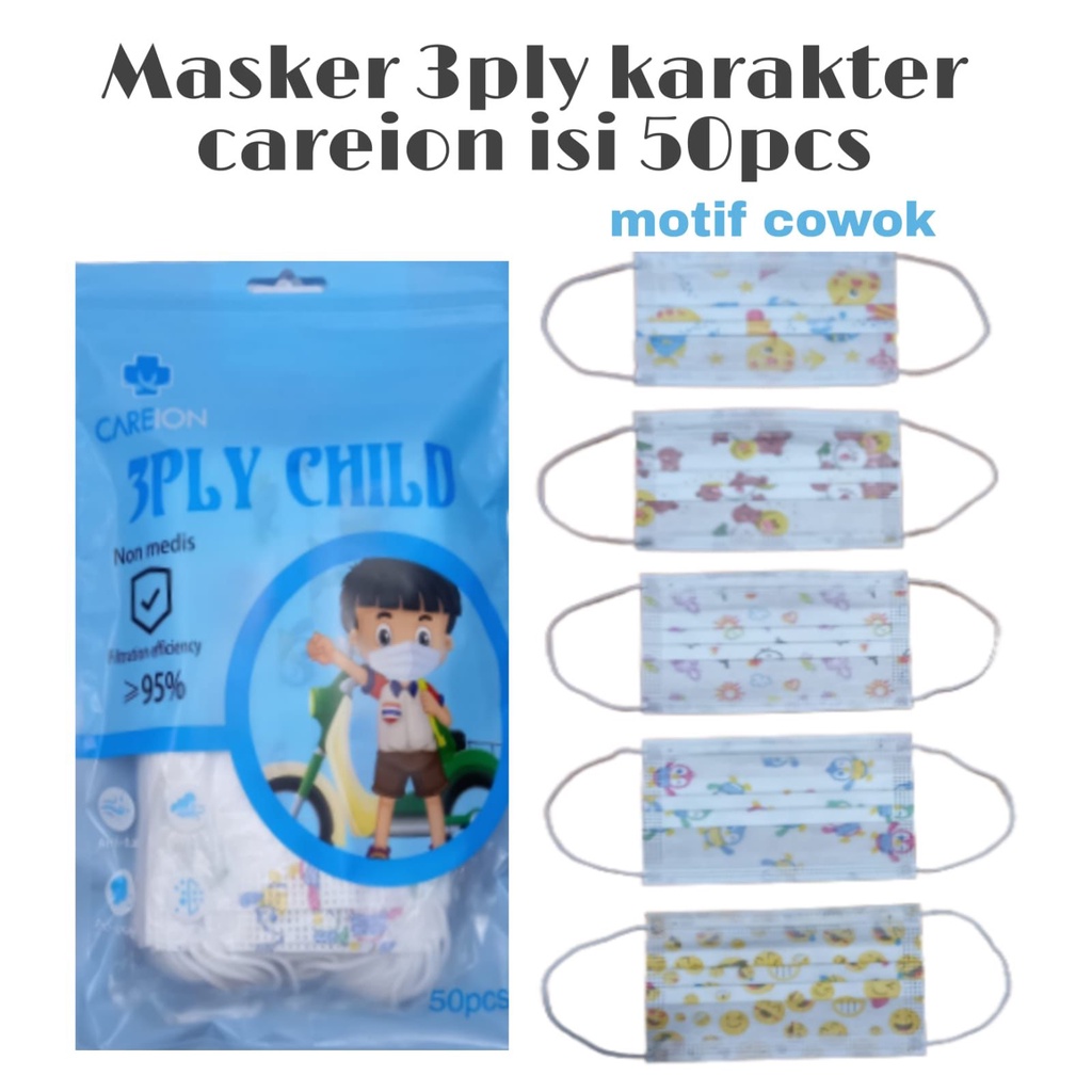 MASKER ANAK KARAKTER MASKER 3 PLY CAREION KARAKTER/POLOS ANAK MASKER Anak Disposable Mask isi 50pc