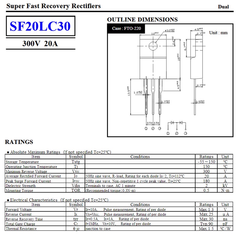 DIODA F20LC30 F 20LC30 TO-220F 300V 20A SUPER FAST RECOVERY RECTIFIER DUAL SF20LC30