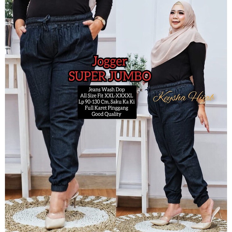 Calosta Jogger Pants Jumbo Celana Wanita Polos Hitam Black Jeans Lp 90-130 Fit XXXL By Keysha