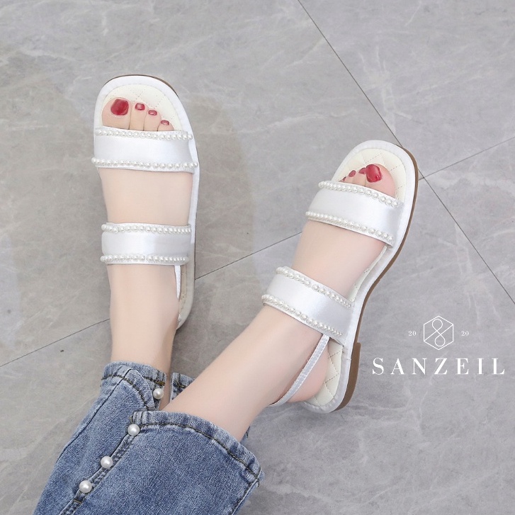 0166 Sanzeil Pearl - Sandal Flat Wanita Tali Mutiara Import