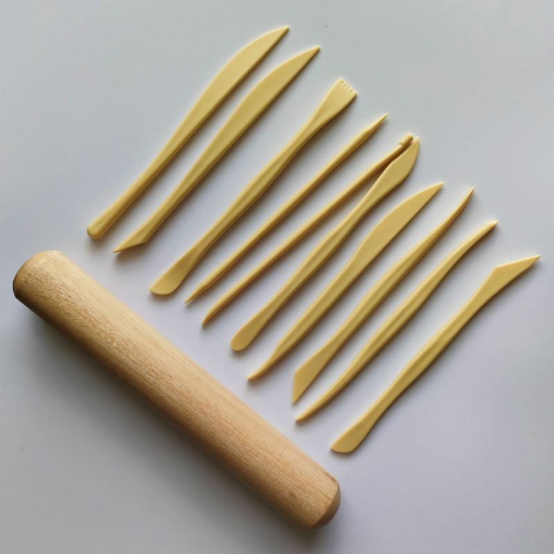 Clay Tool Set / Rolling pin kayu 20cm & alat plastik 10pcs