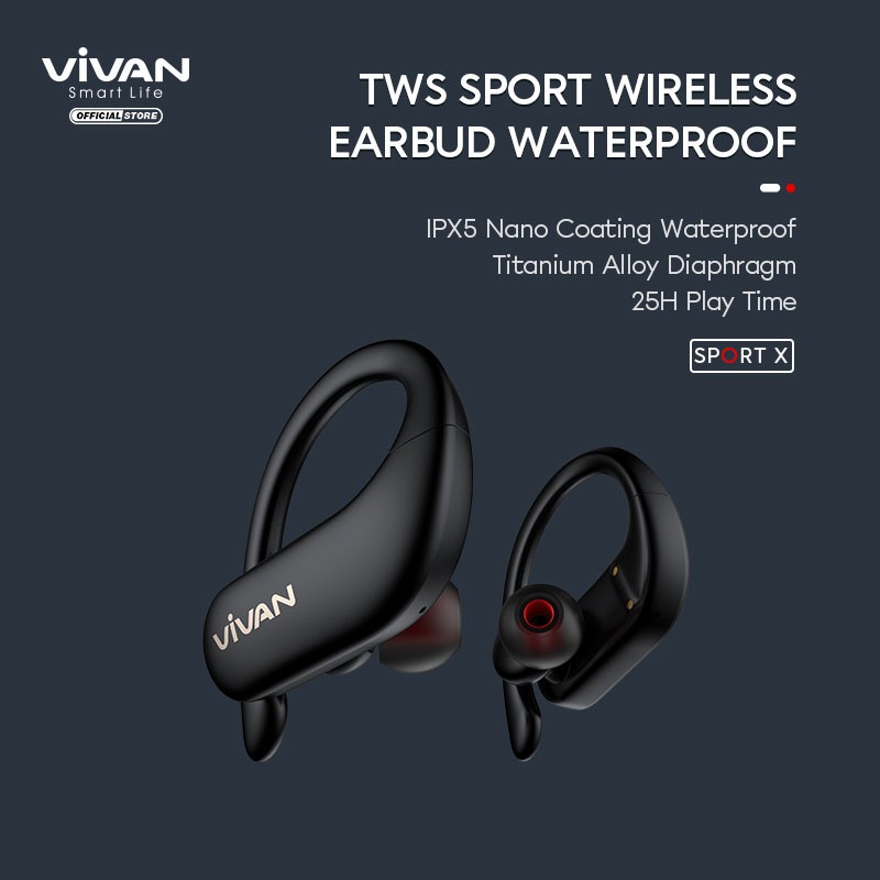 VIVAN Earphones SPORT X Headset TWS Bluetooth 5.0 Waterproof IPX5 25 Hours Play Time Garansi 1 Tahun