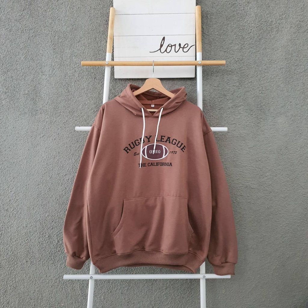 sweater hoodie wanita pria/unisex  RUGBY LEAGUE oversize sweater couple cewek cowok oversize LD 130 CM-Mocca