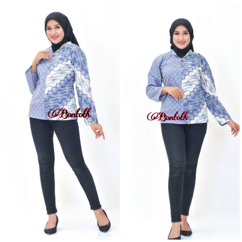 tey-17 Batik wanita ASJ SA HRB026 Kenongo Kemeja Tosca Pendek-Seno biru kecil