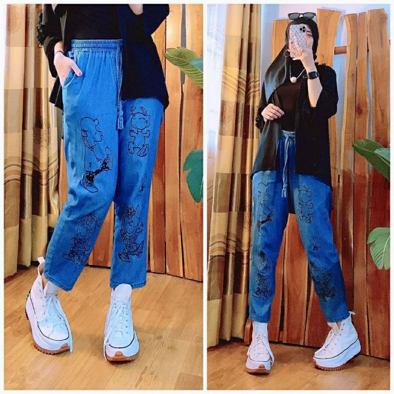 Snoopy Jeans Pants, CELANA JEANS WANITA CANTIK MURAH FIT XL PINGGANG KARET BAHAN JEANS WASH MIX BORDIR LP 66-100