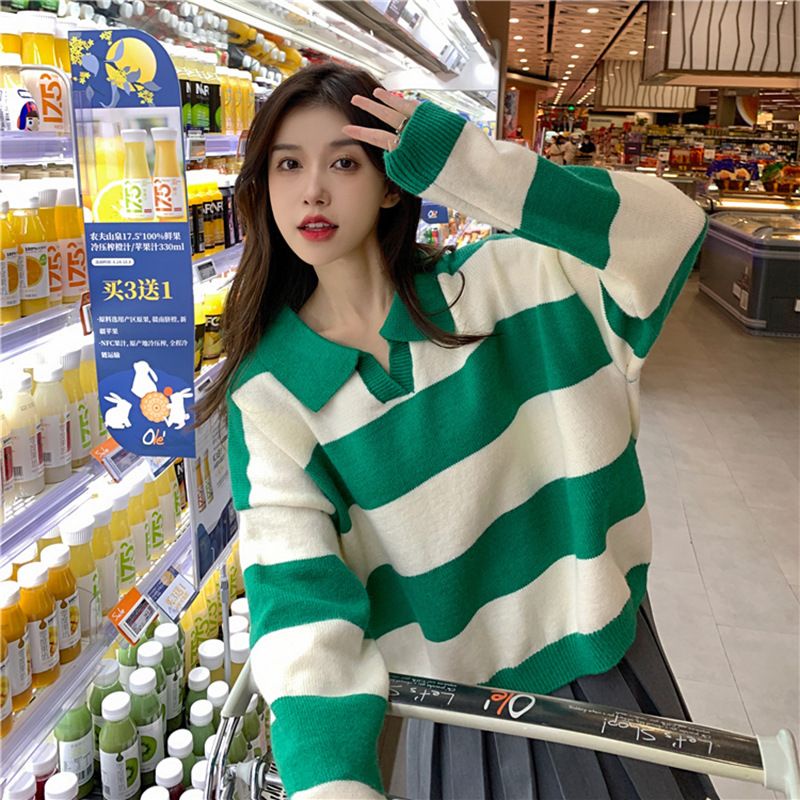 Tasha Polo Blouse Knit Import Striped - Blouse Rajut Kerah Polo Salur Tangan Panjang TM (8K31)