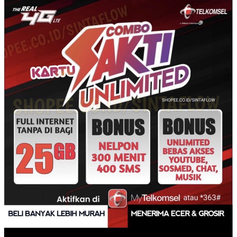 Kartu Sakti 25GB Combo Unlimited Youtube Telkomsel SAKTI AS/LOOP/SimPATI Telkomsel Murah ECER&GROSIR