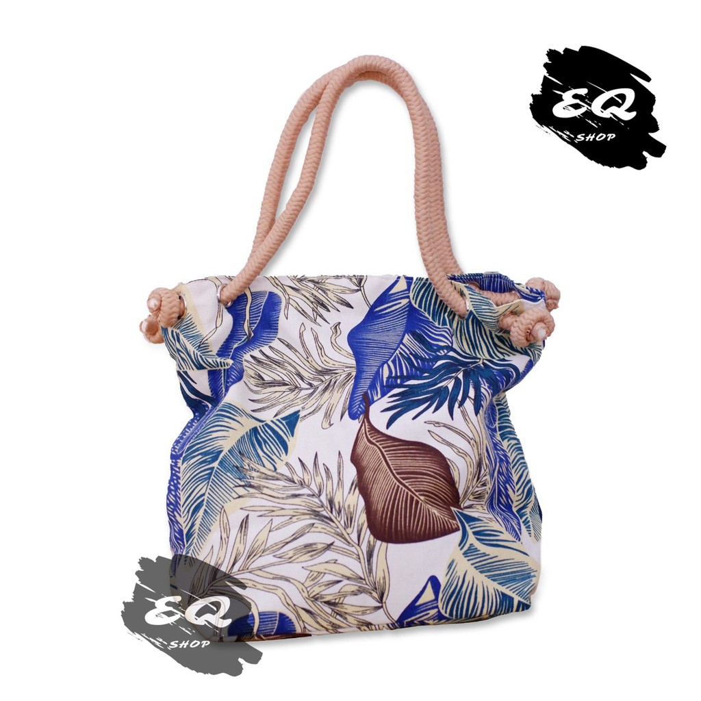 EQ_TAS WANITA/TOTEBAG / TOTE BAG KANVAS DENGAN TALI SUMBU SUDAH RESLETING AMAN MOTIF bunga biru