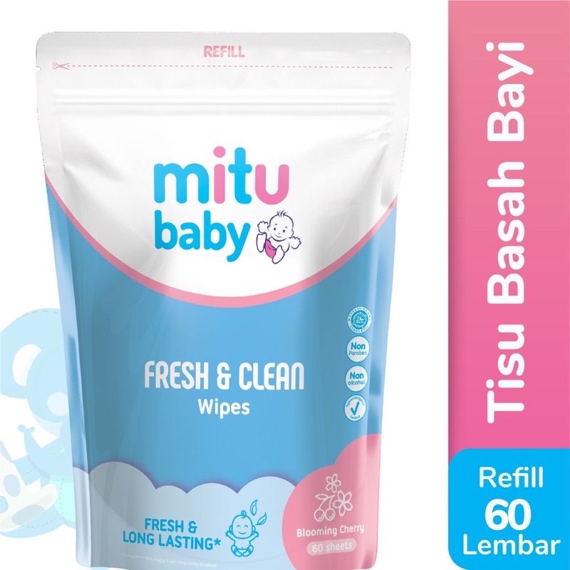 Mitu Baby Wipes Fresh &amp; Clean Refill Bottle Tissue Bayi Tisu Bayi isi Ulang Kemasan Botol 60Sheets