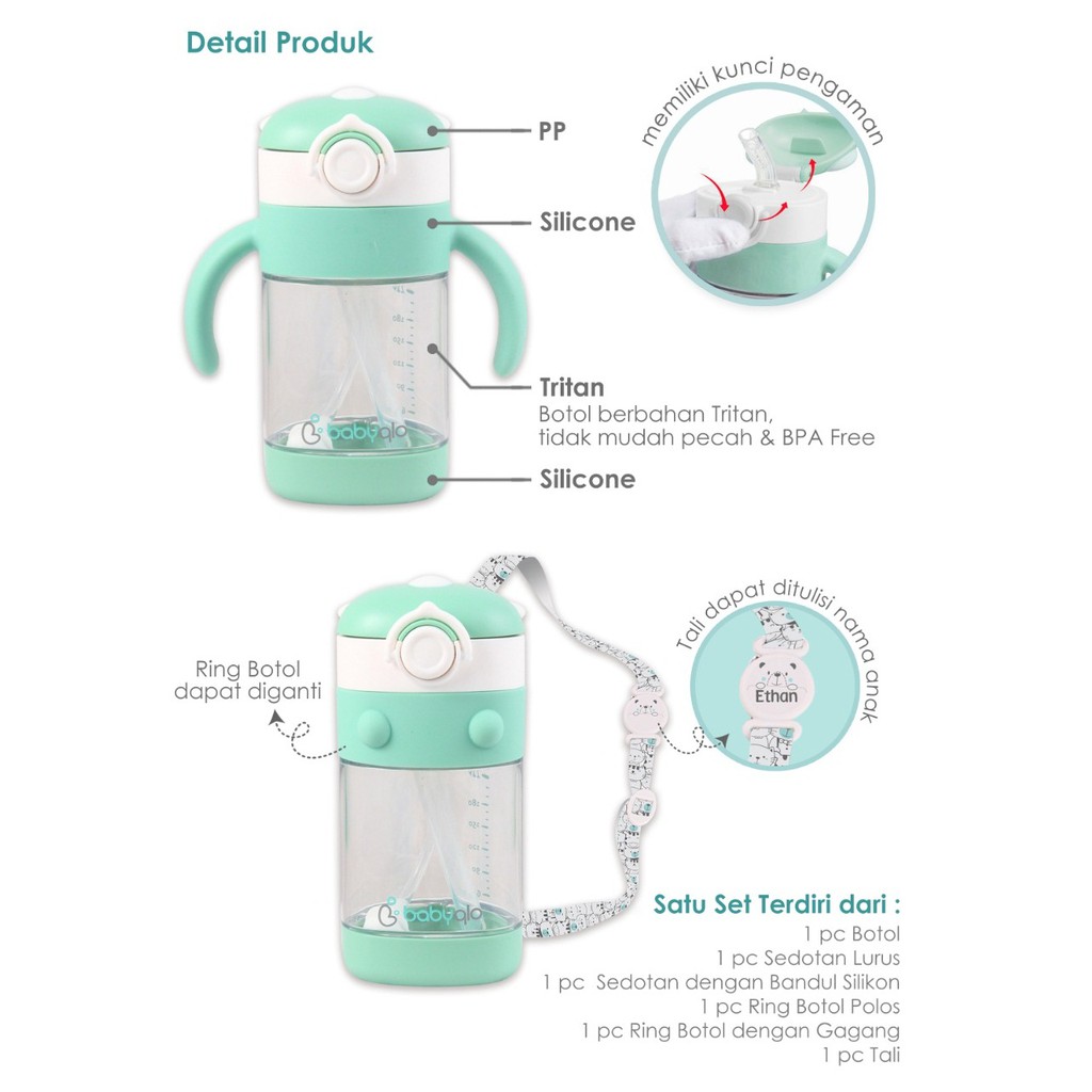 BabyQlo Koala Baby Tritan Straw Cup With Handle &amp; Strap 300ml BQ-7004