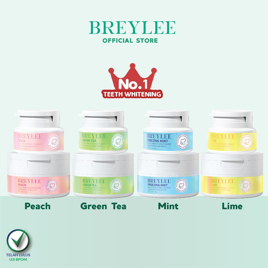 Pemutih Gigi Ampuh BREYLEE Teeth Powder Variant 30|55gr - Mencerahkan gigi (1pc) - Peach, Freezing Mint, Lime, Green Tea