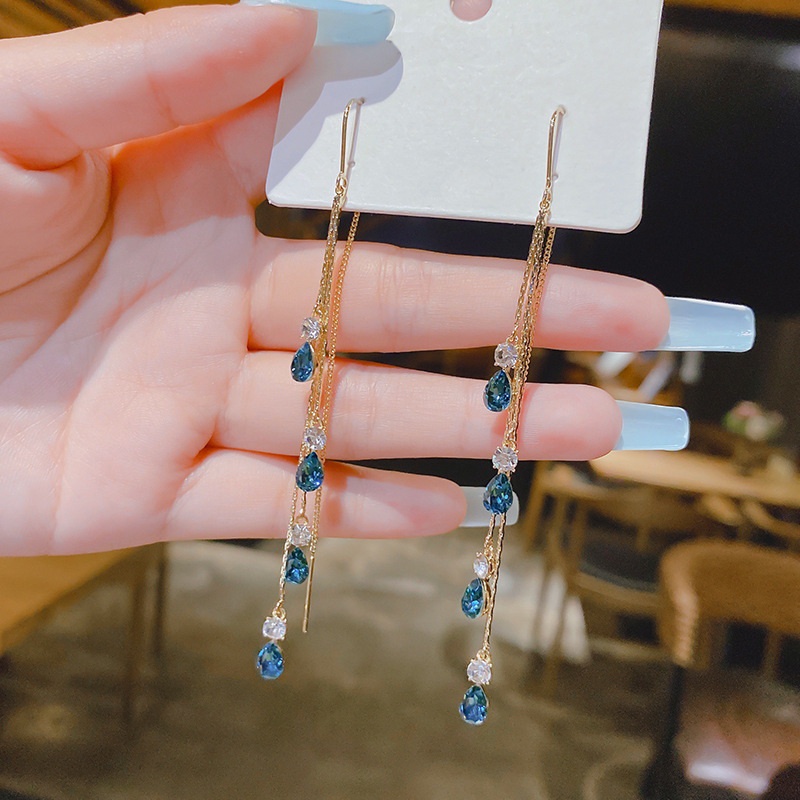 Anting Tusuk Gantung Sterling Silver 925 Desain Tetesan Air Hias Berlian Zircon Gaya Korea Untuk Wanita