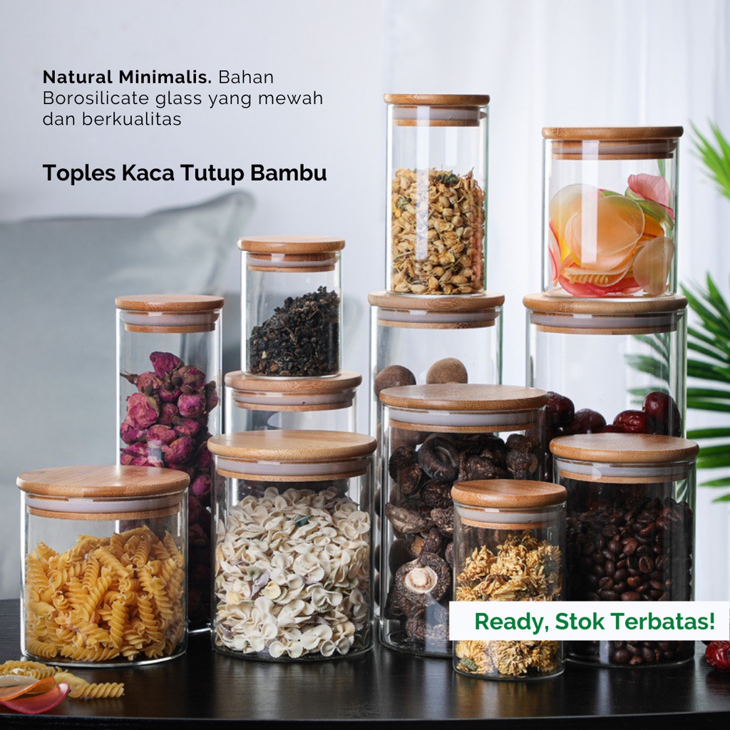 Toples Kaca Tutup Bambu Kedap Udara Seal Silikon Bentuk Lingkaran / Wadah Tempat Penyimpanan Gula Te