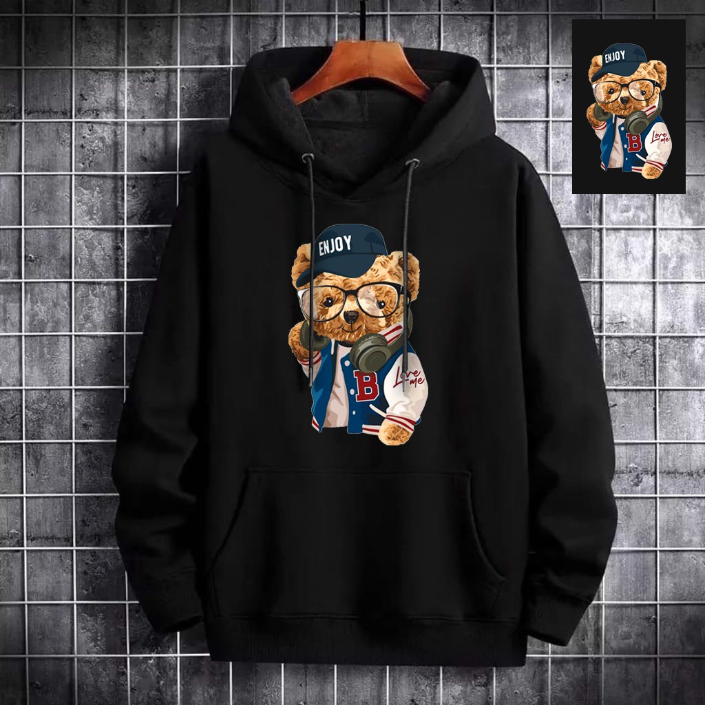 INDOSAN-SWEATER HOODIE BEAR ENJOY-HOODIE DISTRO BAHAN FLEECE MOTIF GAMBAR DTF PRINTING-REAL PICT-BISA COD