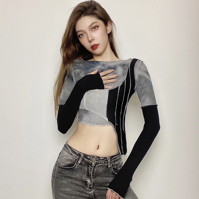 #Sisjuly# Dark Rock Girl Smoke Black Tie Dye Striped Lengan Panjang Irregular T-Shirt Wanita