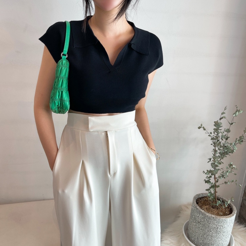 XIAOZHAINV Korean Vneck Crop Top Blouse Polo Shirt Atasan Wanita