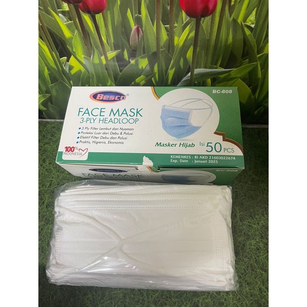 Masker Hijab 3 Ply Embos Besco Diposable Face Mask Headloop Premium Quality Isi 50 Pcs