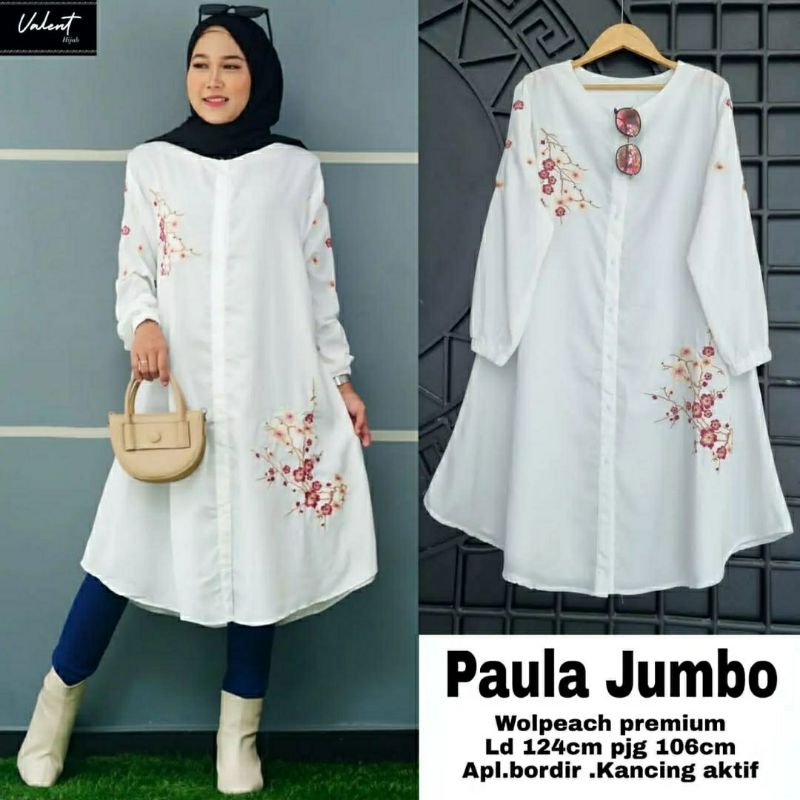 Paula Jumbo Tunik, TUNIK JUMBO WANITA SUPER CANTIK FIT XXXL LD 124 BAHAN WOLPEACH PREMIUM MIX BORDIR TERMURAH OOTD