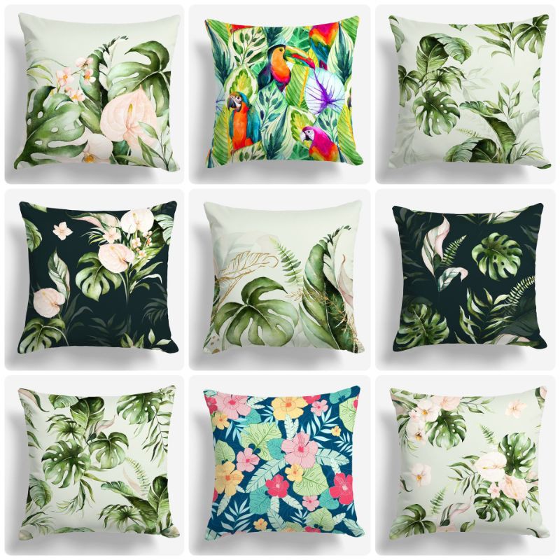 SARUNG BANTAL SOFA PRINT MOTIF DAUN MONSTERA TROPIS MIX 40X40 CM
