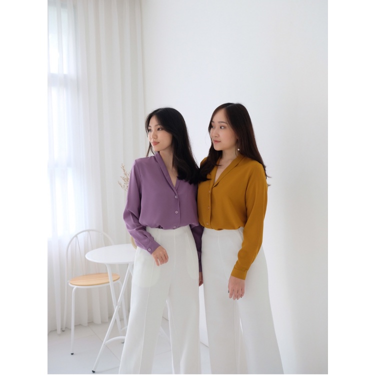T-0400 Kemeja Wanita Long Sleeves Shirt Vneck-1