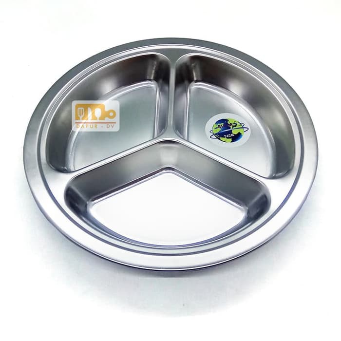 Piring/Wadah makan Bulat 3 Sekat Stainless steel