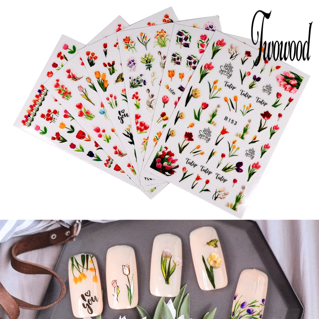 Twowood 1 Set Stiker Kuku Motif Bunga Tulip Bahan Resin Anti Air Untuk Nail Art DIY