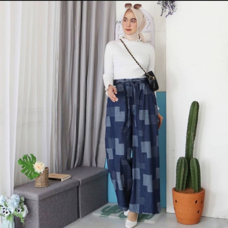 Kulot Jeans Motif Kotak Besar