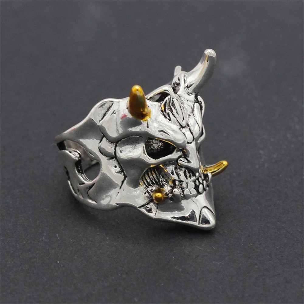 Cincin Model Terbuka Desain Kepala Tengkorak Iblis Gaya Keren Untuk Pria