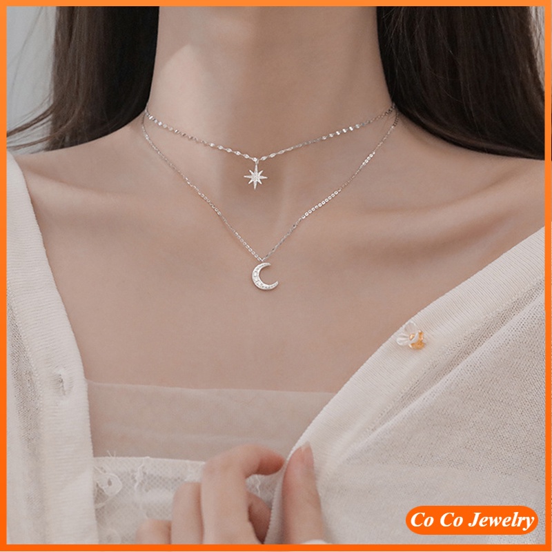 Korean Simple Double Layer Star Moon Charm Necklace Delicate Clavicle Chain Zircon Necklace for Women Jewelry