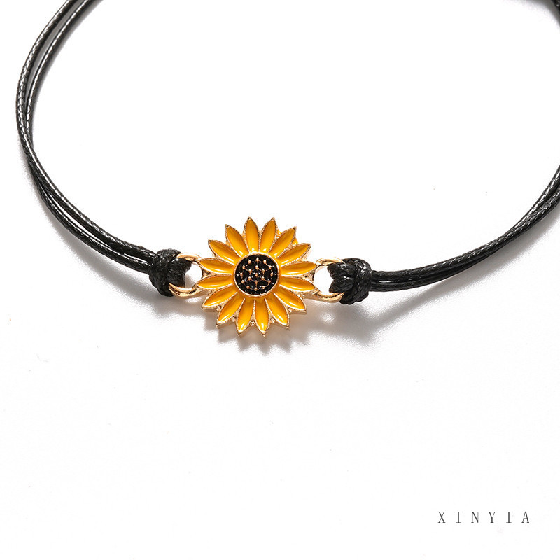 2 Pcs Korean Fashion Gelang Tali Ersahabatan Anyaman Krisan Bunga Matahari Fashion Wanita Korea Pria Couple Bracelet Daisy Hitam