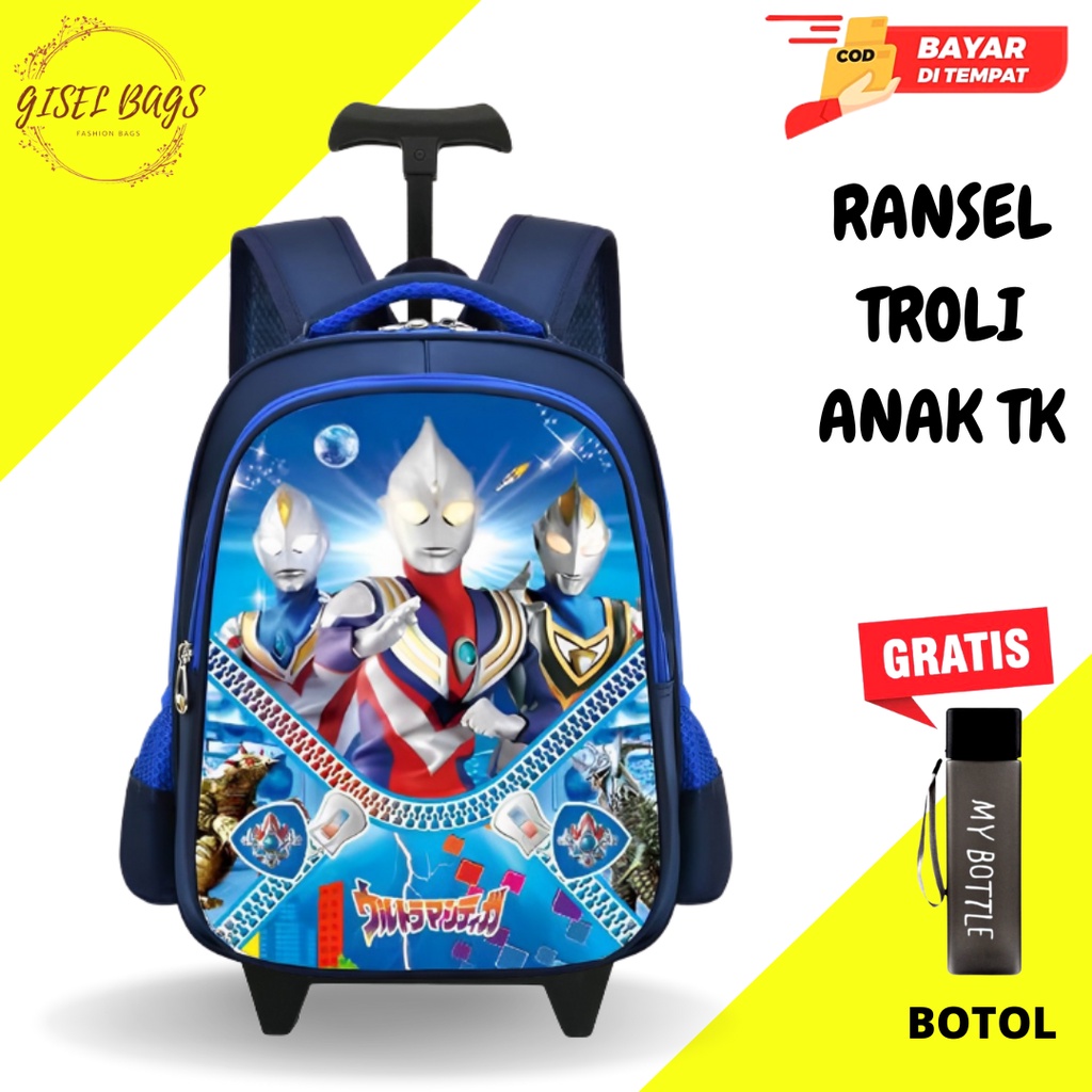 GB-Tas ransel troli laki laki anak TK tas ransel troli karakter superhero timbul tas ransel troli import