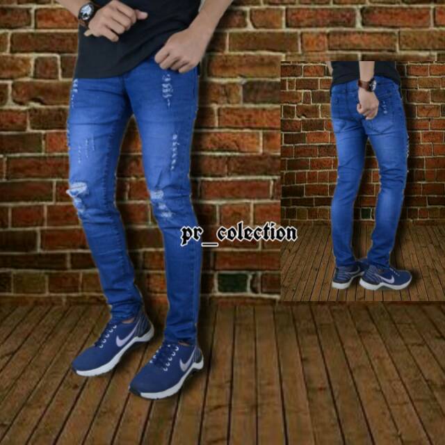 Black skinny Ripped Jeans Celana sobek Pria Hitam 29 