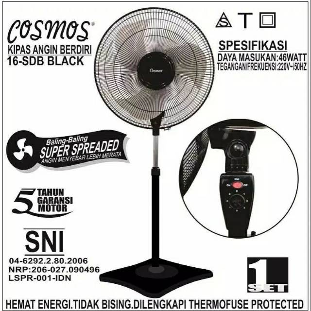 kipas angin COSMOS berdiri 16 inchi stand fan black edition