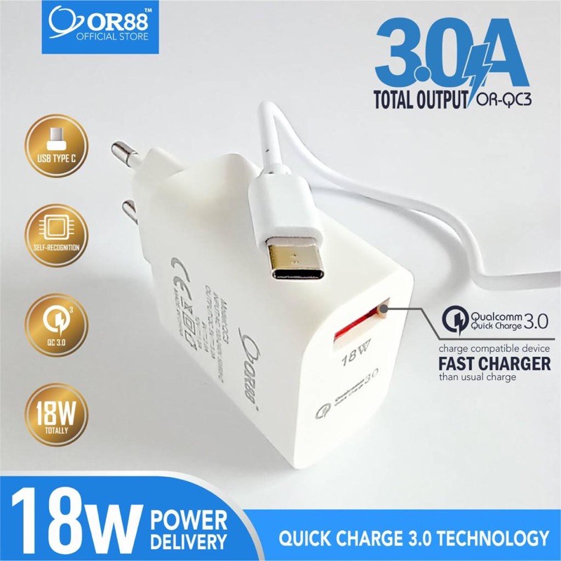 (P) Fast Charger / QC 3.0 for Type C micro / Lightning Model OR-QC3 3A OR88