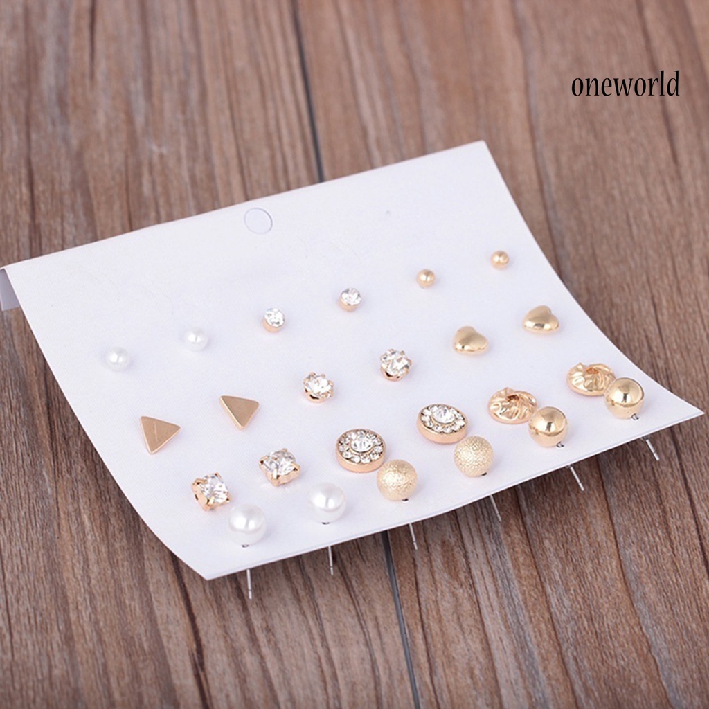 OW@ 12 Pairs Ear Studs Various Shape Rhinestone Women Earrings for Party