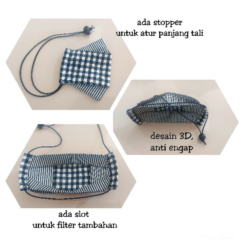 Masker kain 3D ada stopper anti engap | 3 layer | motif ada slot filter | polos non slot filter