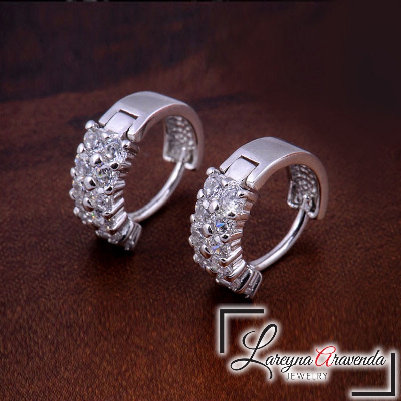 Anting Korea Wanita Perak S925 Model Luxurious Double Row Crystal AT030