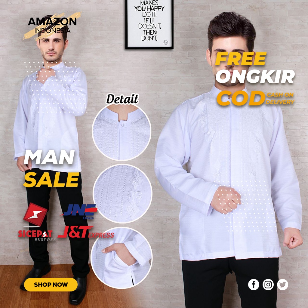 HEM BAJU ATASAN MUSLIM KOKO PRIA WARNA WHITE PUTIH POLOS BAHAN KATUN ORIGINAL KOMBINASI BORDIR ASLI