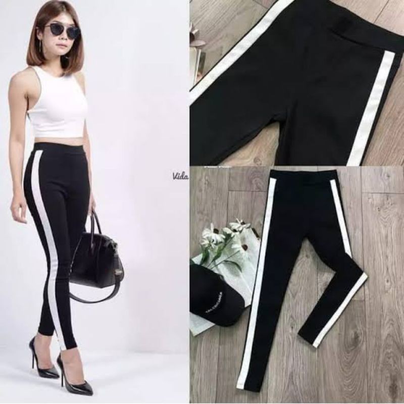 Legging List Strip Putih Spandex Premium Ukuran Std &amp; Jumbo/Legging Panjang Wanita