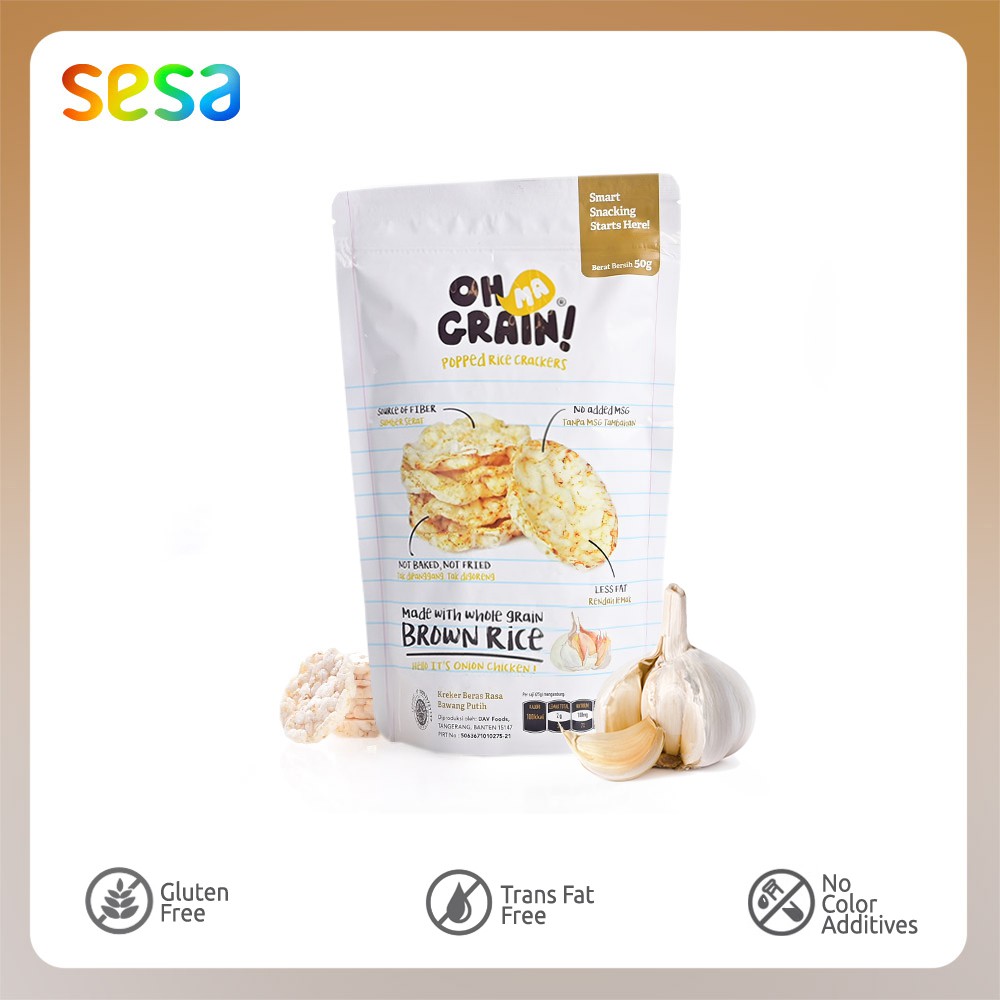 

OH MA GRAIN! Popped Rice Crackers Garlic 50gr - Snack Organik MSG Free