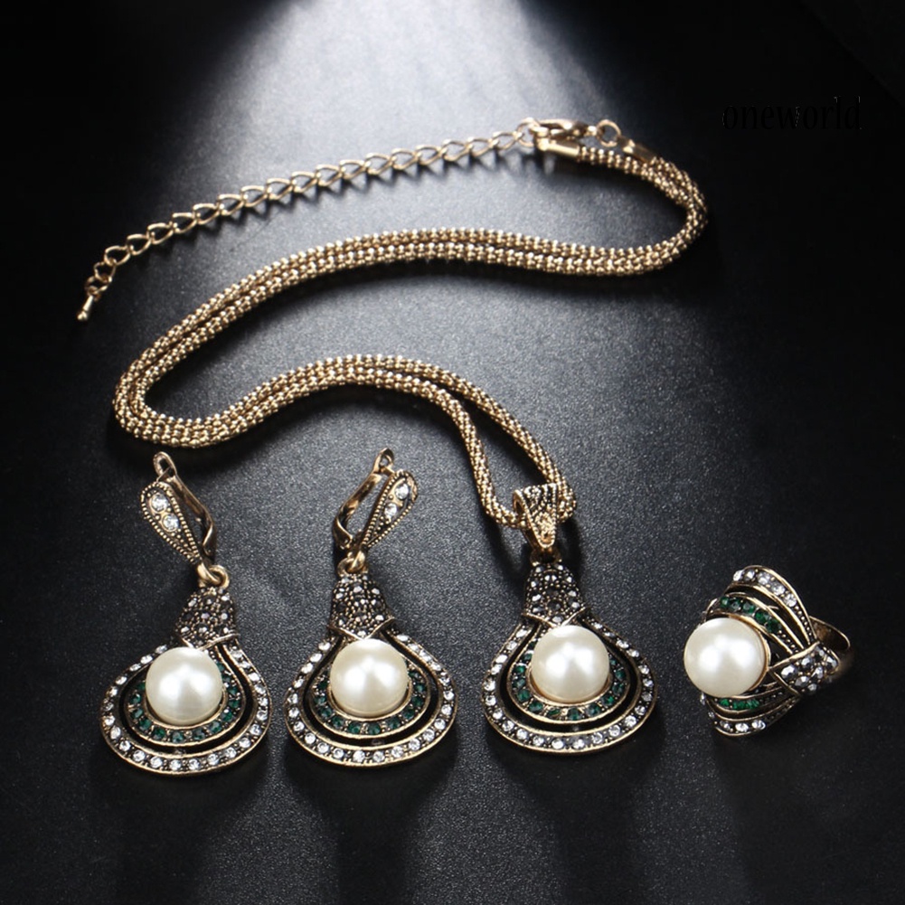 OW@ Turkish Style Bridal Faux Pearl Necklace Ring Earrings Jewelry Set Party Gift