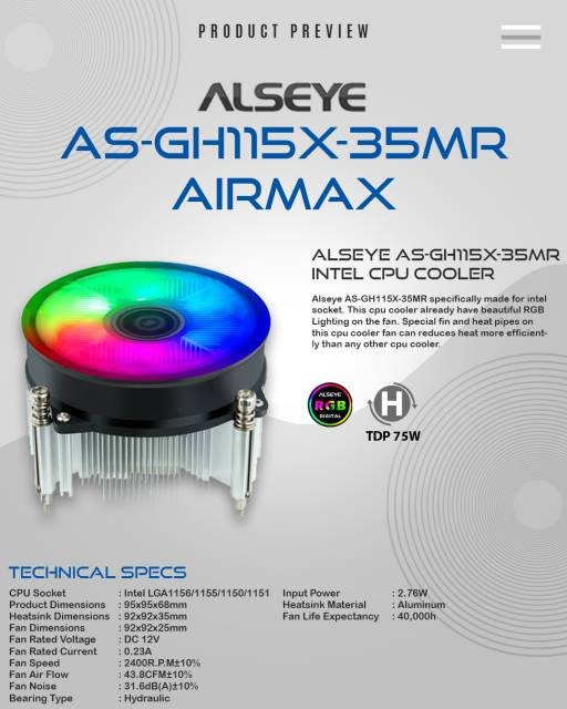 Alseye CPU Cooler AS-GH115X-35MR Auto RGB/Fan Processor intel