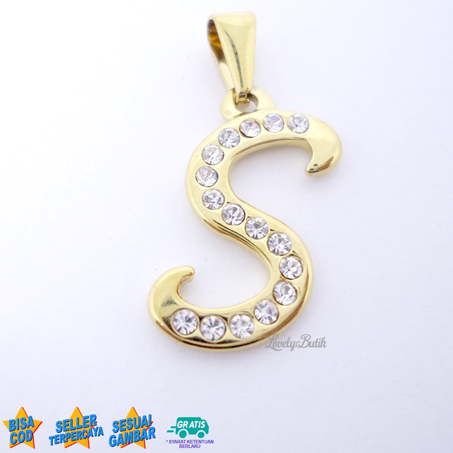 Lovelybutik Liontin Huruf Titanium Inisial S Klasik warna Gold Silver