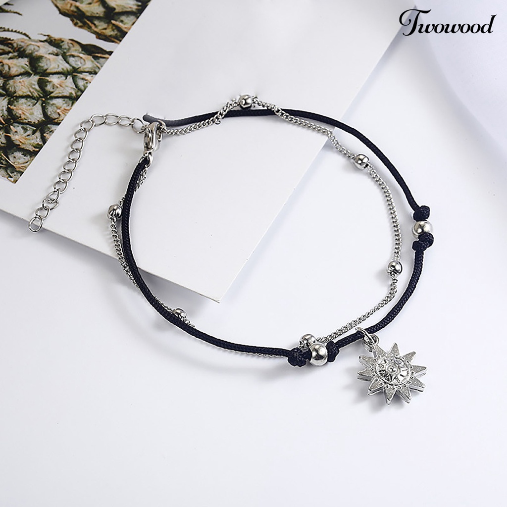 Gelang Kaki Rantai Ganda Liontin Matahari Bahan Alloy Gaya Bohemian Untuk Wanita