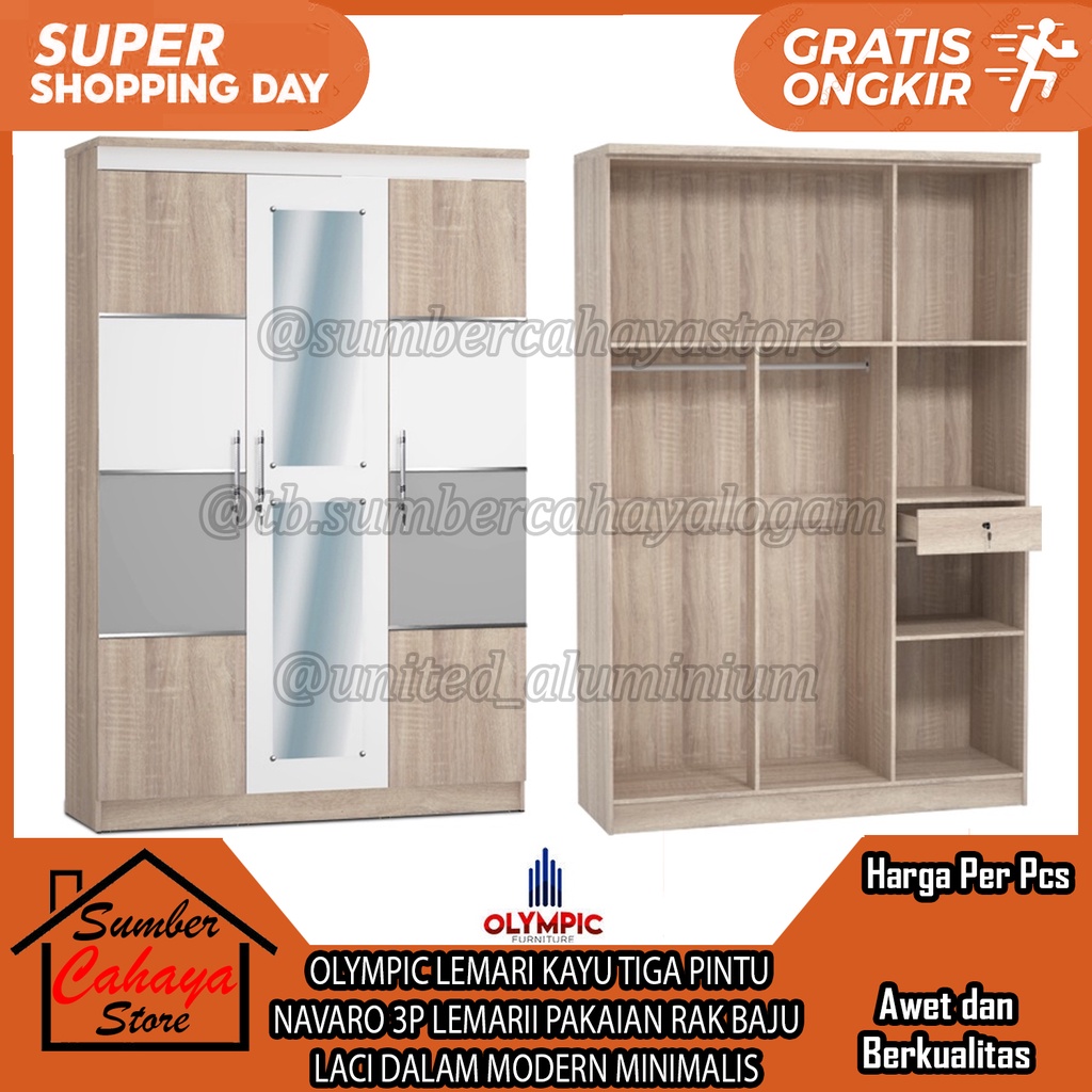 OLYMPIC LEMARI KAYU TIGA PINTU NAVARO 3P LEMARII PAKAIAN RAK BAJU CERMIN KACA LACI DALAM CABINET KAB
