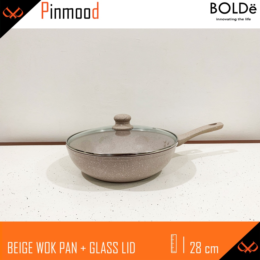 BOLDE BEIGE 28 CM WOK PAN + GLASS LID / TUTUP KACA SUPER PAN COATING GRANITE PANCI PENGGORENGAN WAJAN ANTI LENGKET