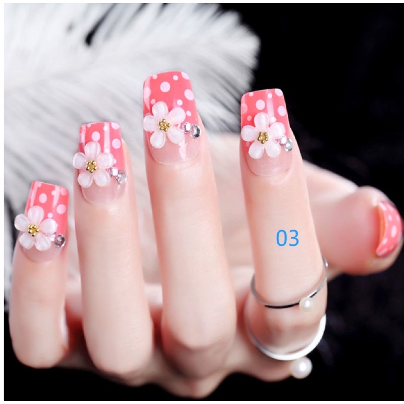 24PCS PINK PURPLE WEDDING 3D FLOWER FAKE NAILS KUKU PALSU PERNIKAHAN PINK BUNGA 3D RHINESTONE