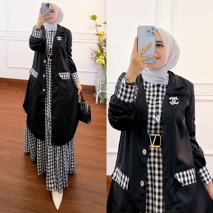 COD | Chiki Set Baju Setelan Muslim Gamis + Blazer Wanita Fit XL Matt Katun Kotak Kotak Premium