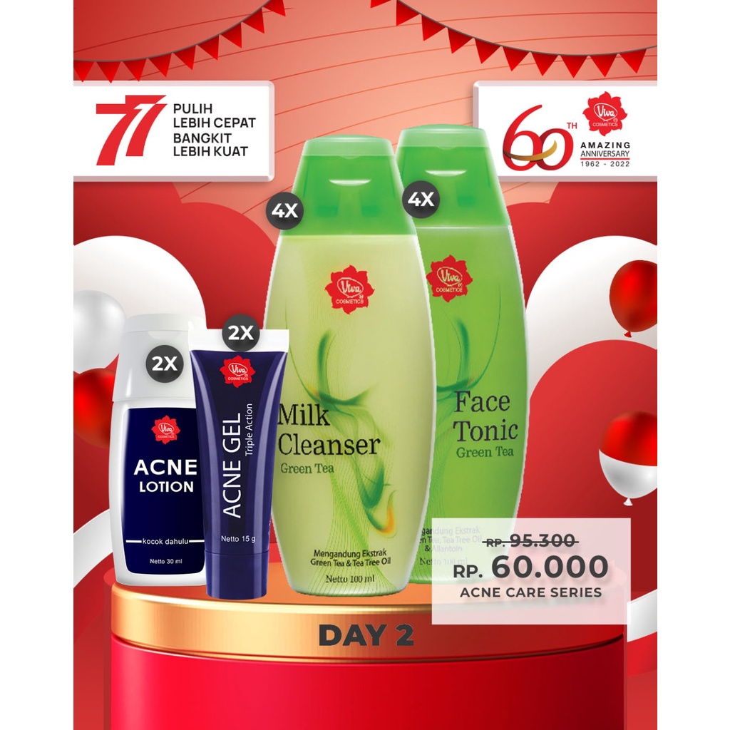 Paket 2 Viva Acne Lotion 2 Viva Acne Gel 4 Viva Milk Cleanser Green Tea 100 mL 4 Viva Face Tonic Green Tea 100 mL